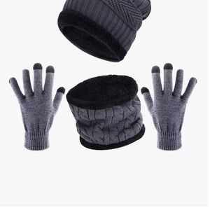 Men's Gray Knit Beanie, Neck Warmer & Touchscreen Gloves Set